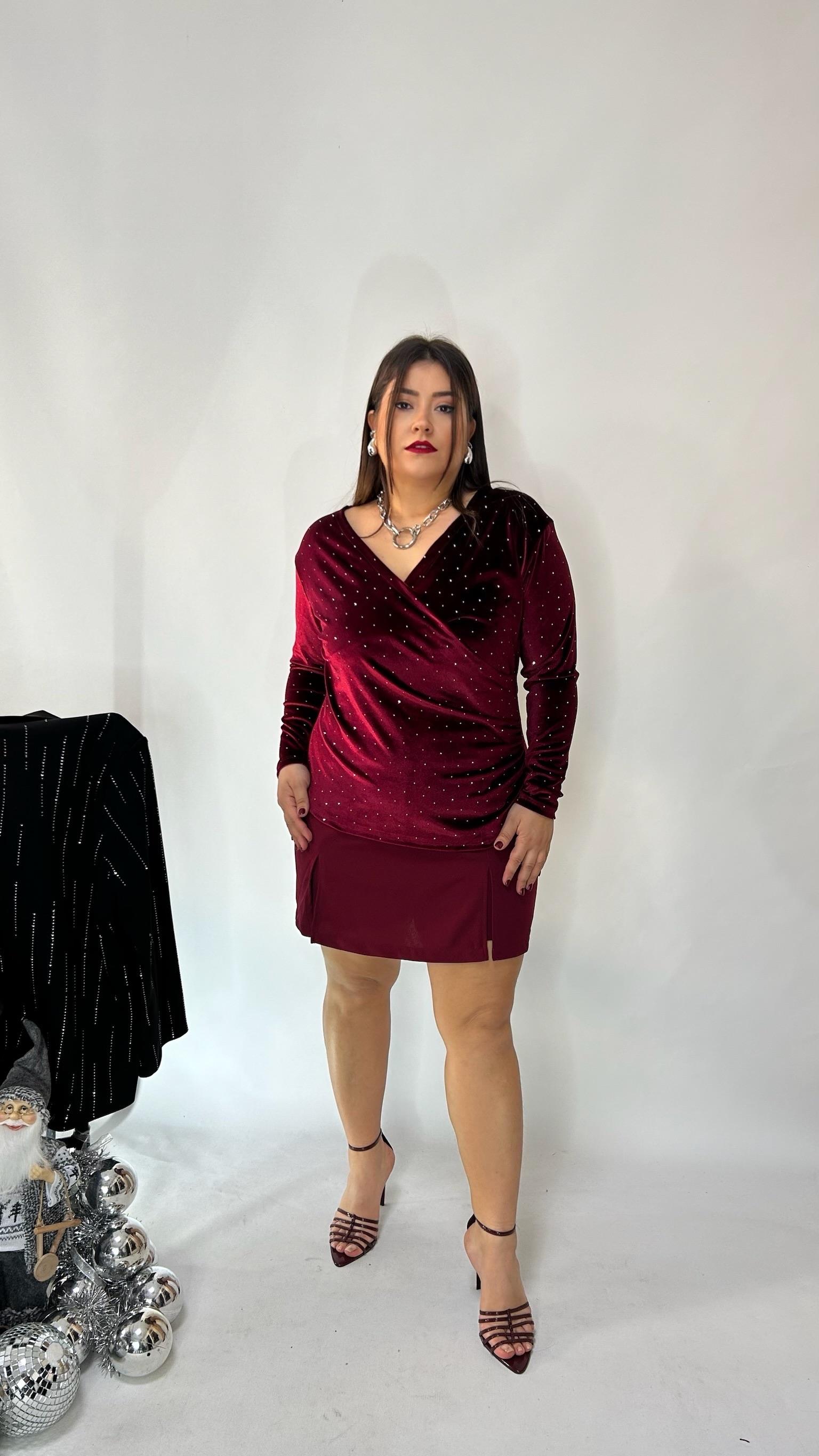 Bordo Yırtmaçlı Likralı Şort Etek