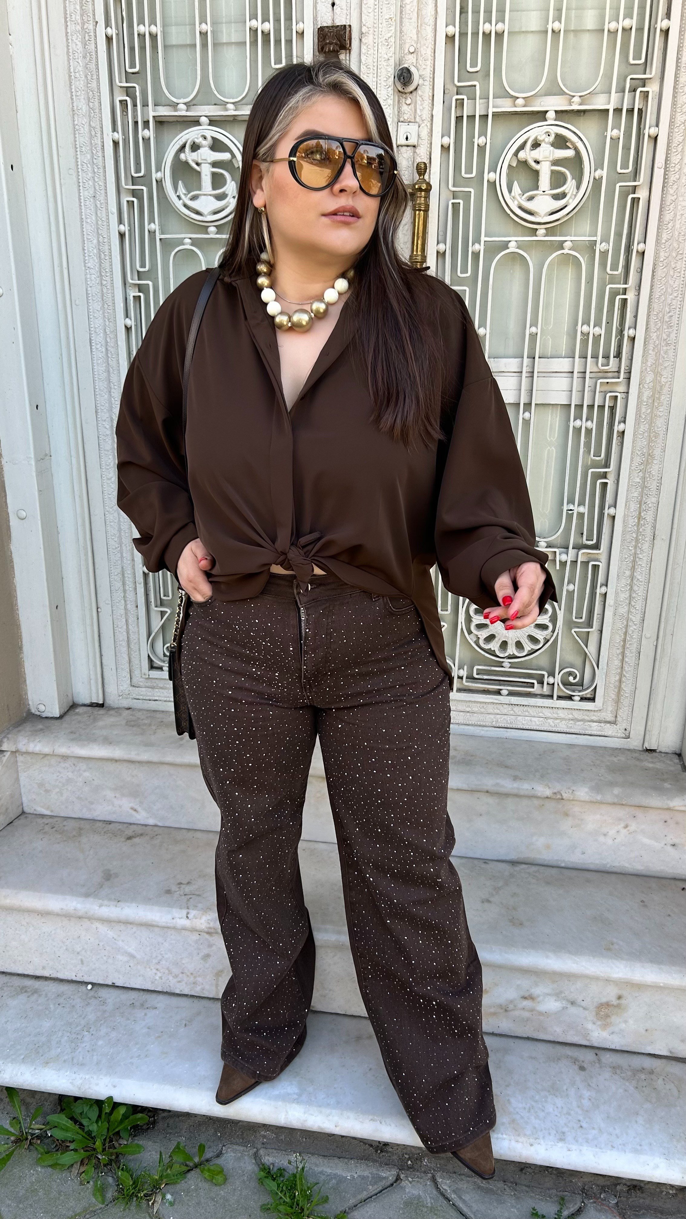 Kahve Taş Detaylı Palazzo Jean 