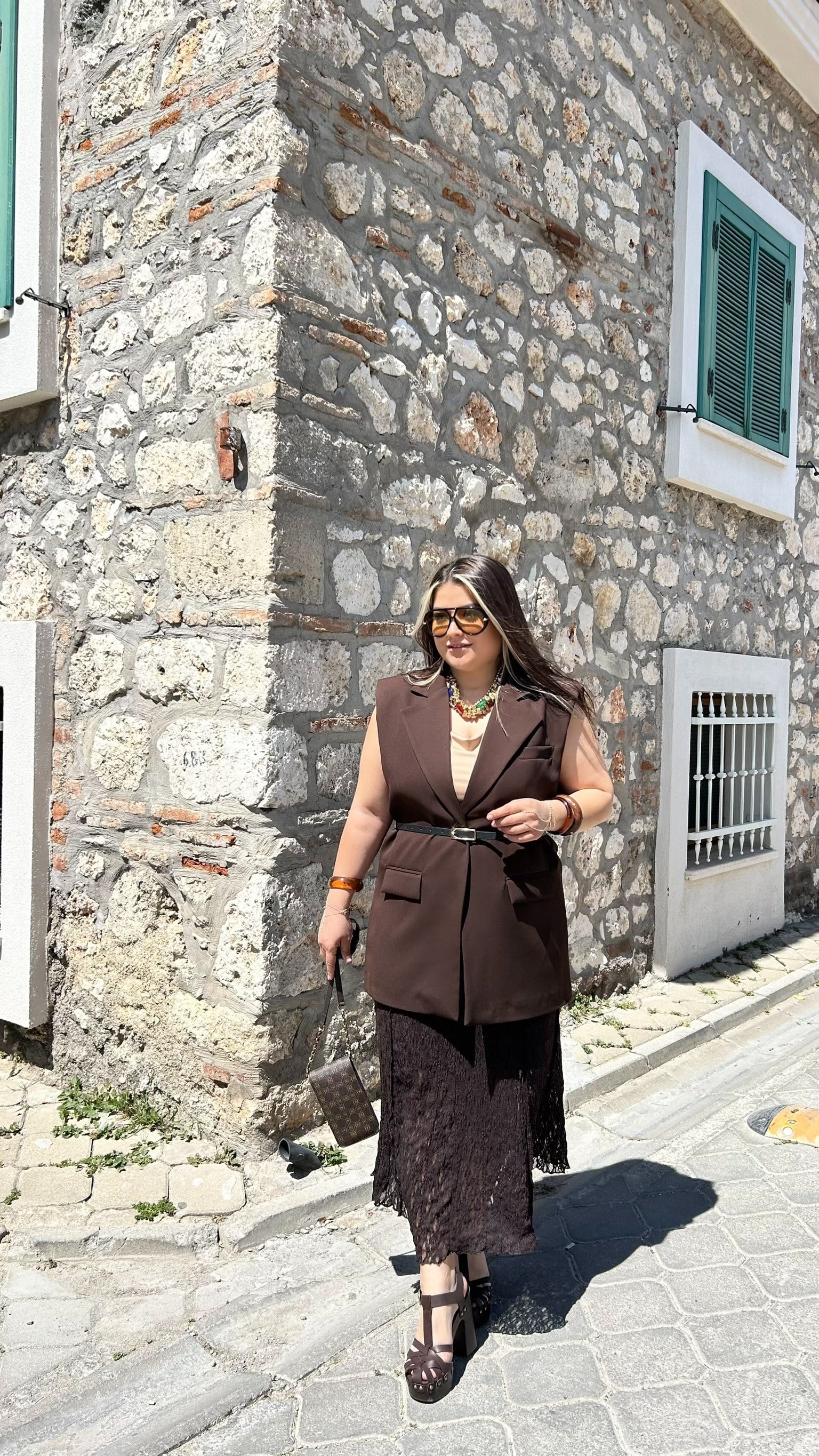 Kahve Vatkalı Blazer Yelek