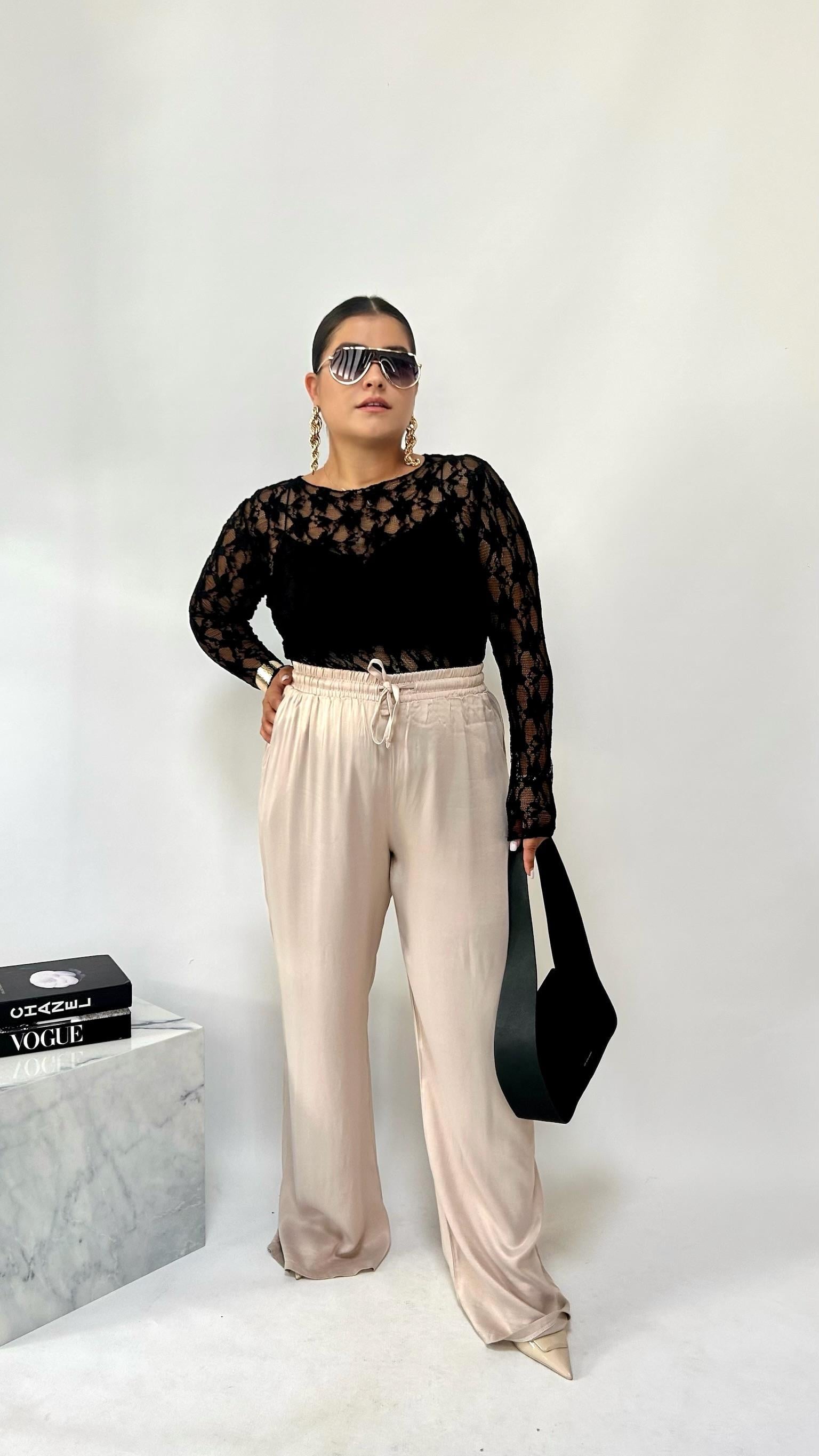 Krem Pamuk Saten Pantolon