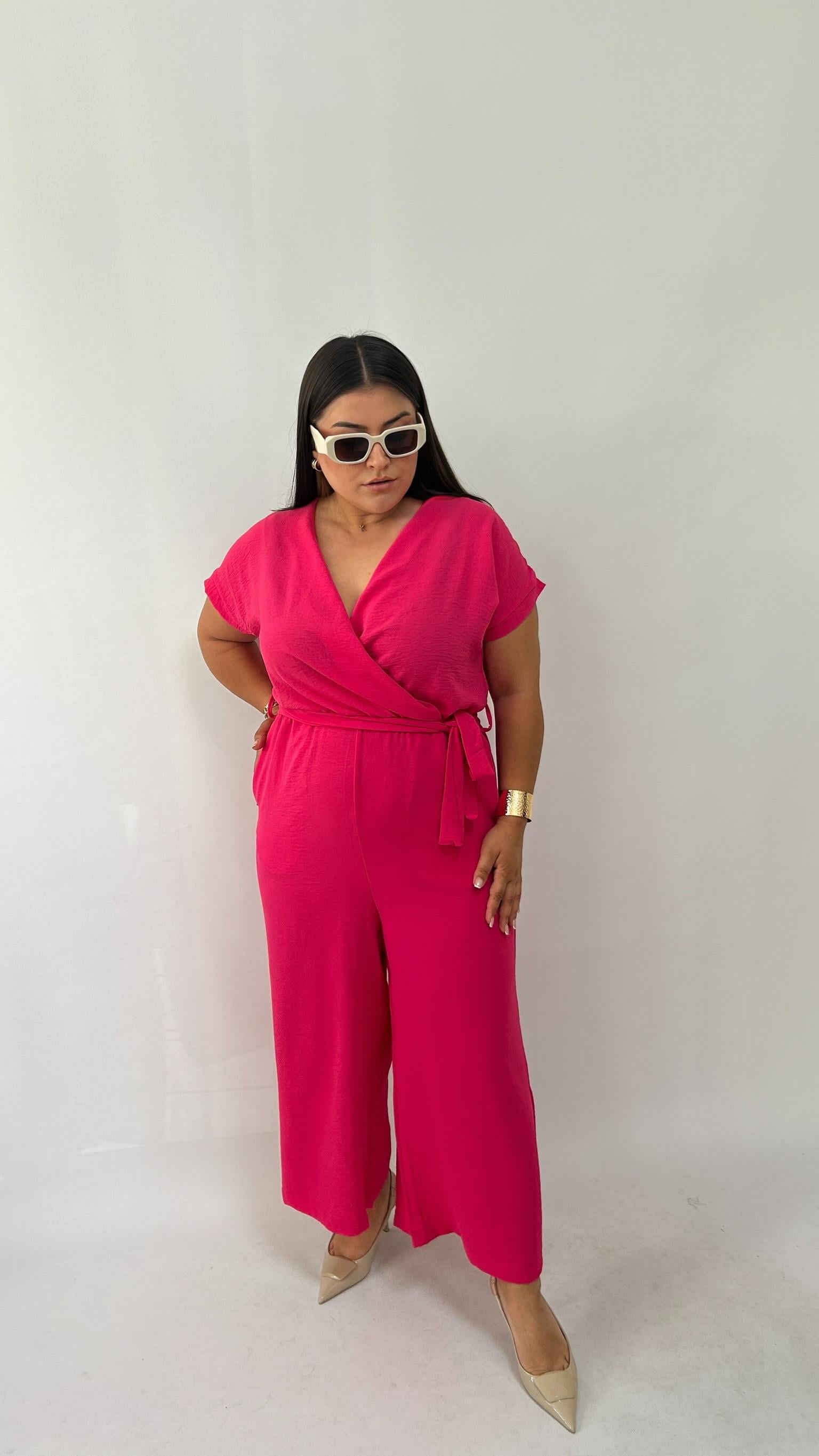 Kruvaze Yaka Pembe Dokuma Tulum 