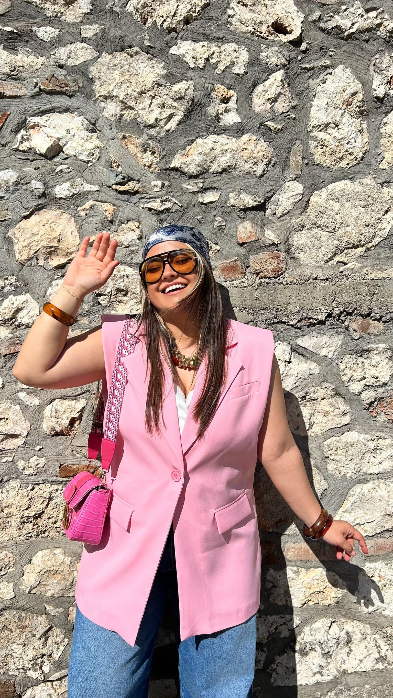 Pembe Vatkalı Blazer Yelek