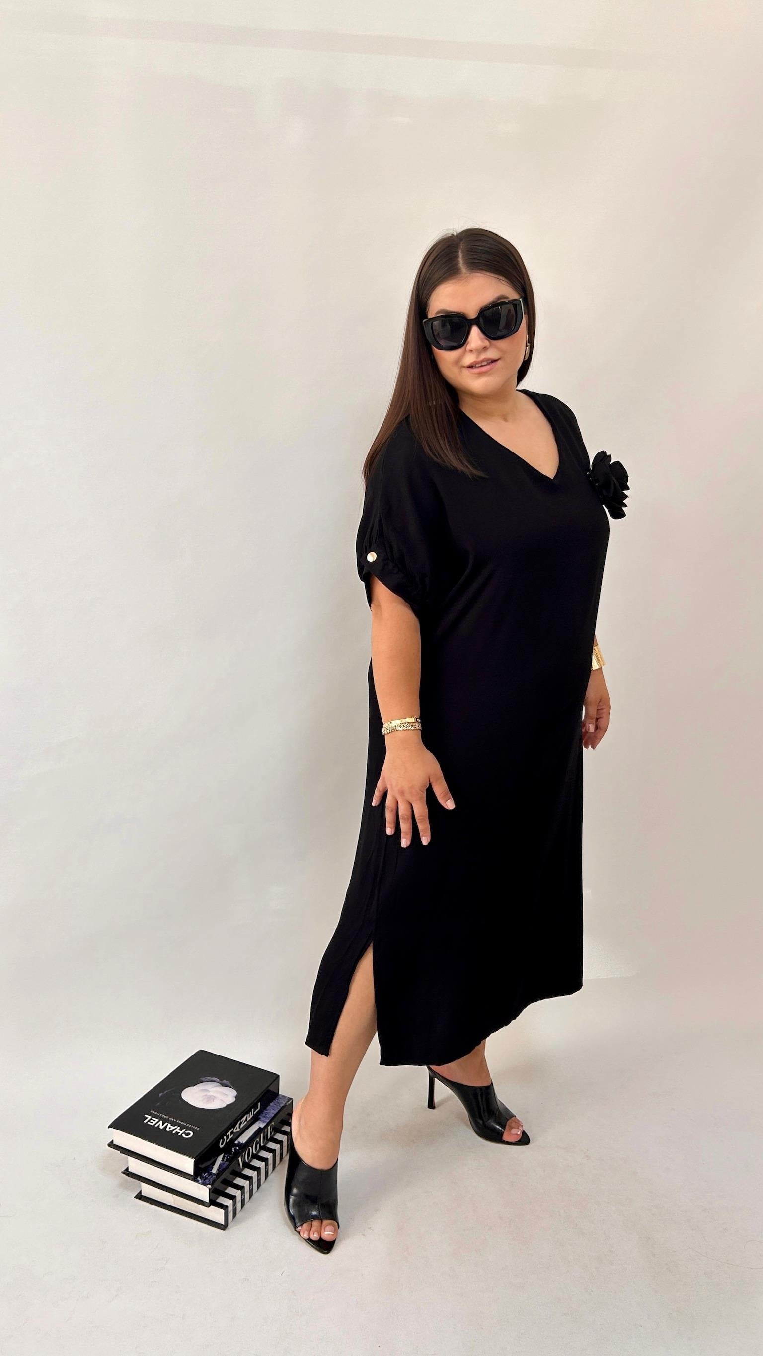 Siyah Dokuma Viskon Elbise 