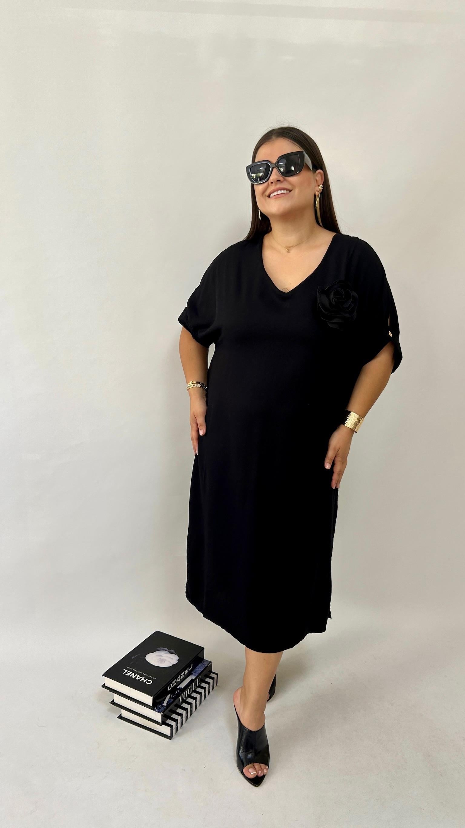 Siyah Dokuma Viskon Elbise 