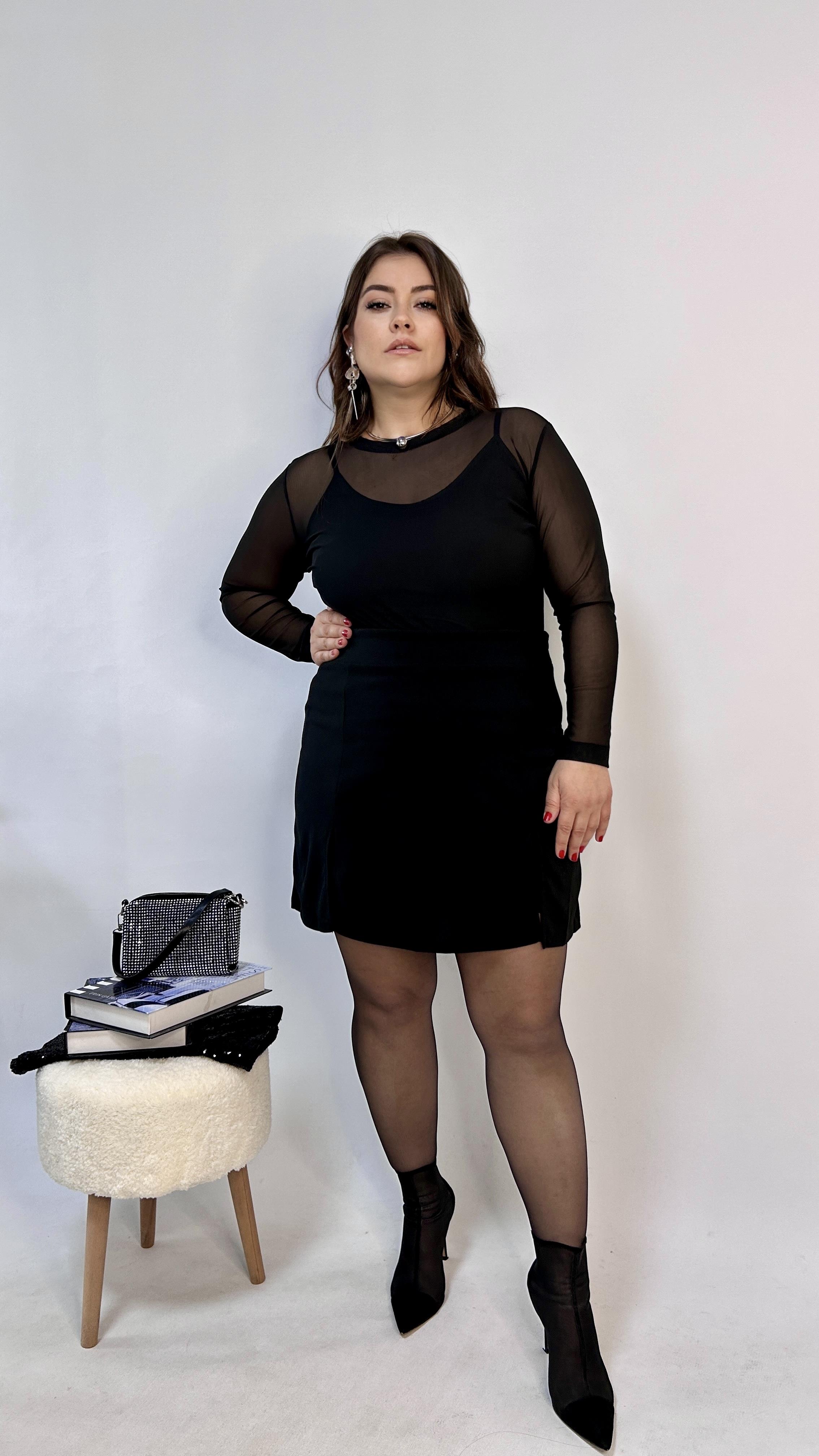 Siyah Uzun Kollu Tül Bluz 