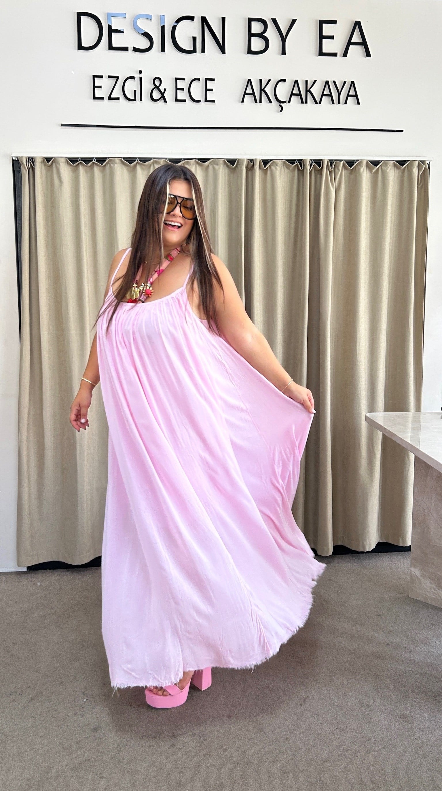 SV9183-Astarlı  İp Askılı Toz Pembe Elbise