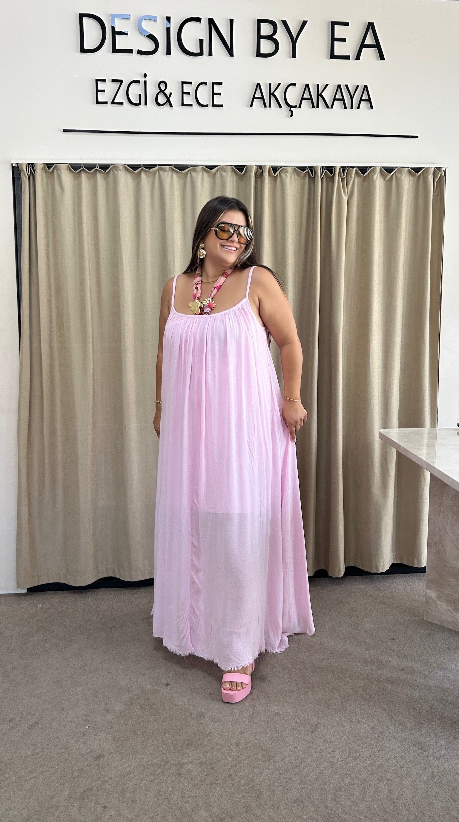 SV9183-Astarlı  İp Askılı Toz Pembe Elbise