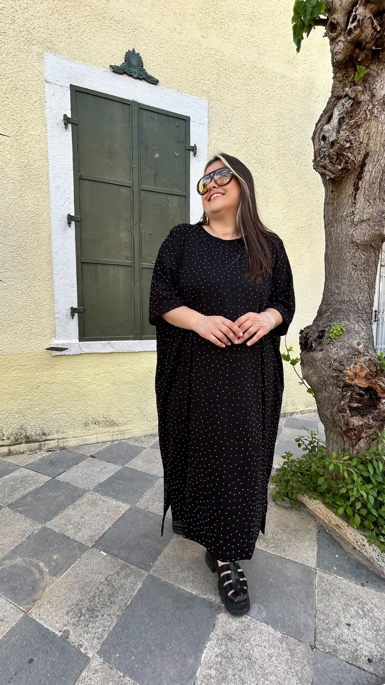 Taşlı Yarasa Kol Elbise