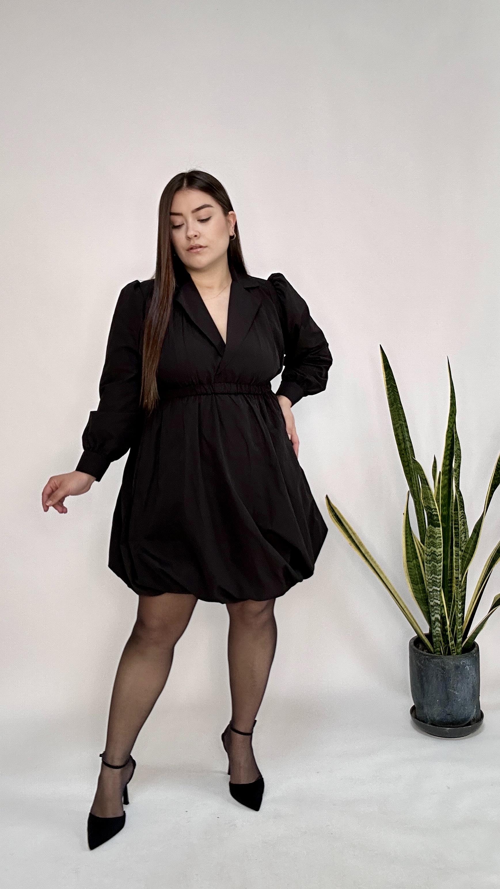 V yaka Belden Lastikli Poplin Elbise