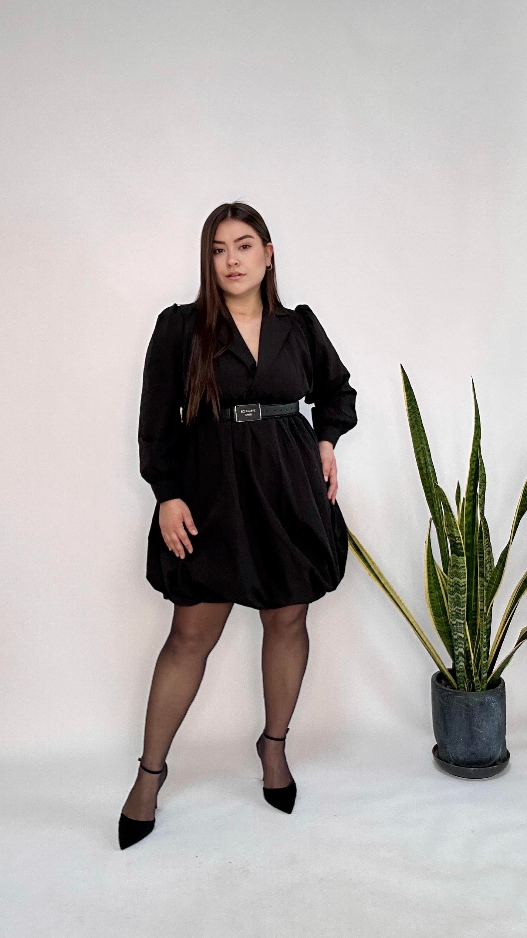 V yaka Belden Lastikli Poplin Elbise