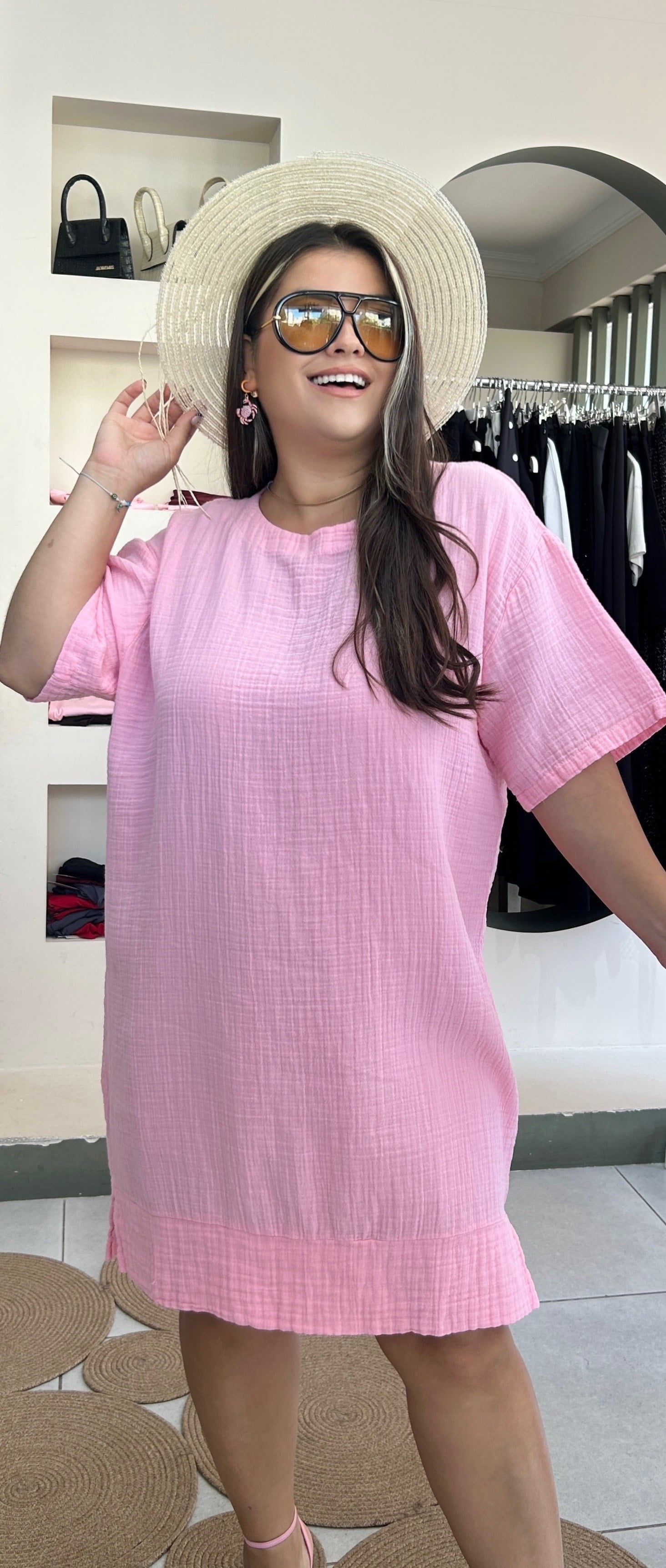 YB26760- Pembe Rengi Müslin Yarım Kol Elbise