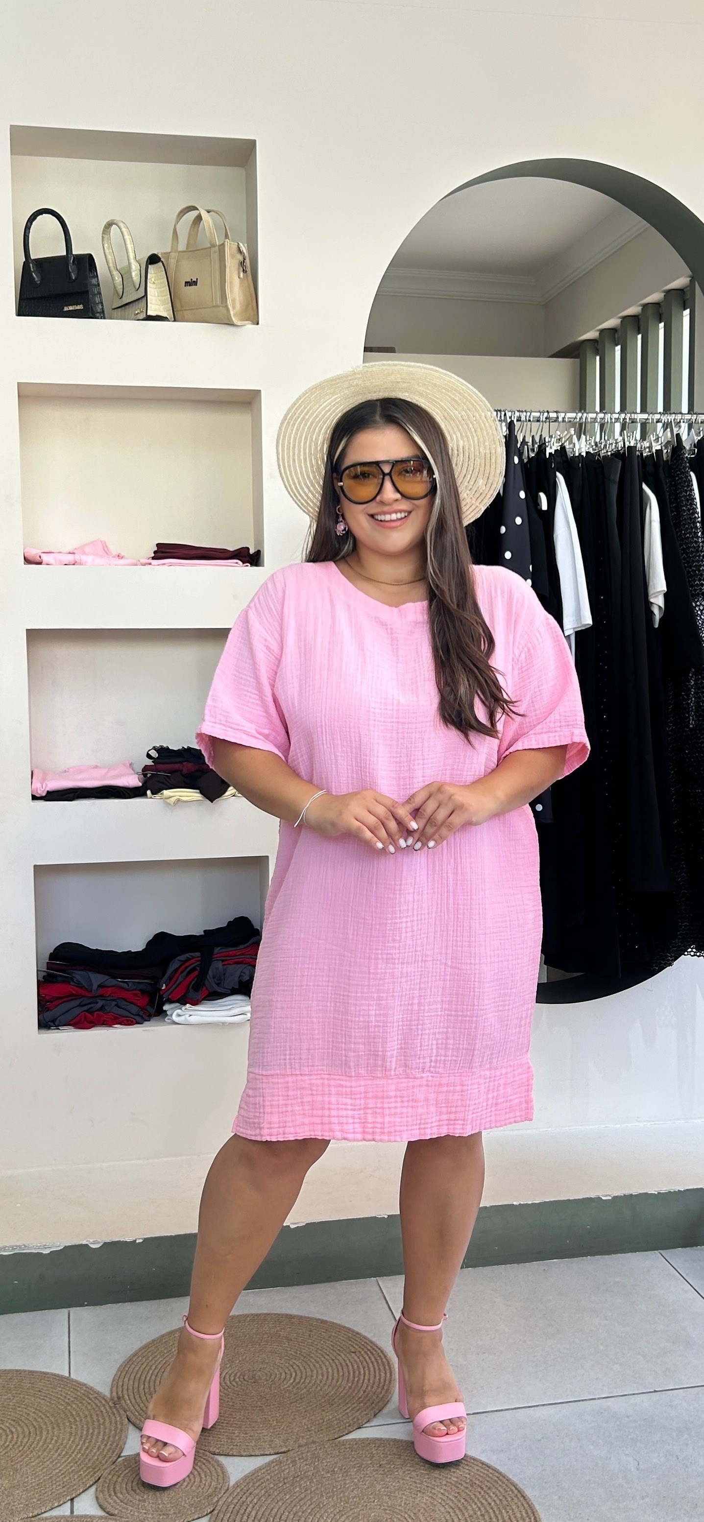 YB26760- Pembe Rengi Müslin Yarım Kol Elbise