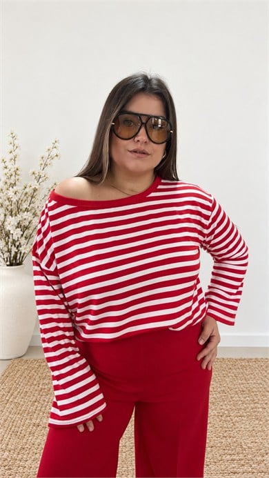 0504- Kırmızı Beyaz Stripe Bluz