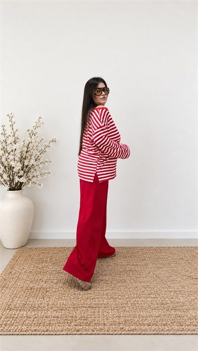 0504- Kırmızı Beyaz Stripe Bluz