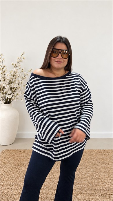 0504- Lacivert Beyaz Stripe Bluz