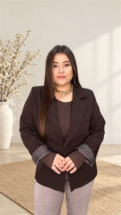 0919- Kahverengi Çizgili Astarlı Blazer Ceket