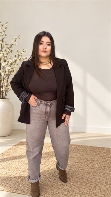 0919- Kahverengi Çizgili Astarlı Blazer Ceket
