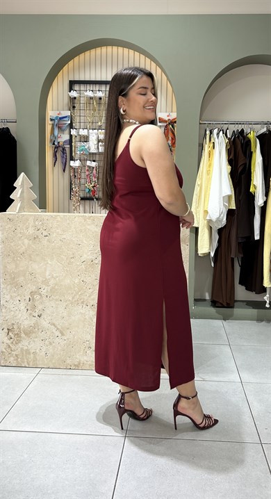 5022-Bordo  Askılı Elbise