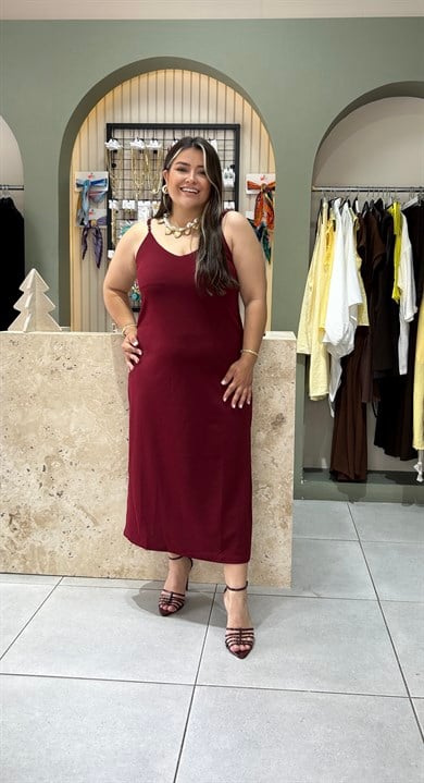 5022-Bordo  Askılı Elbise