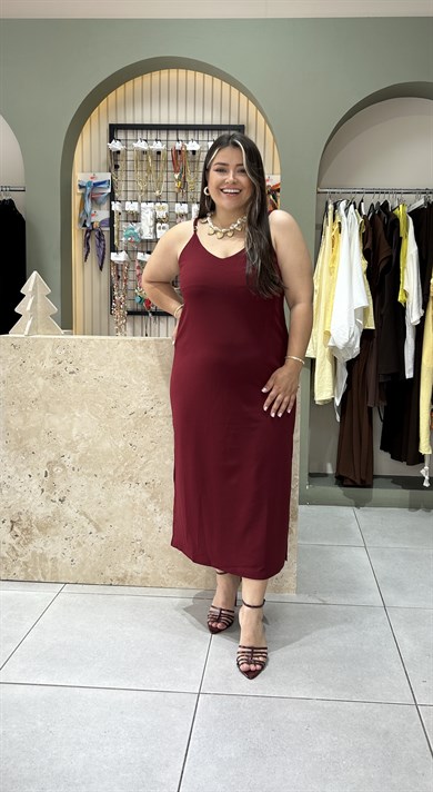 5022-Bordo  Askılı Elbise