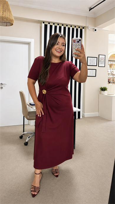 5090- Bordo Gold Tokalı Elbise