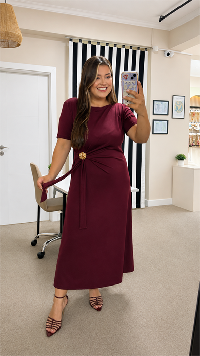 5090- Bordo Gold Tokalı Elbise
