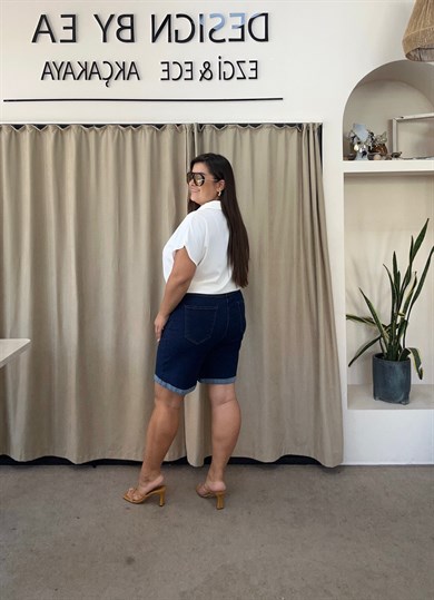 5210-Koyu Mavi Paça Katlamalı Denim Şort