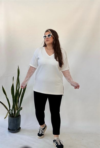 Beyaz Kol Dantel Detaylı Bluz 