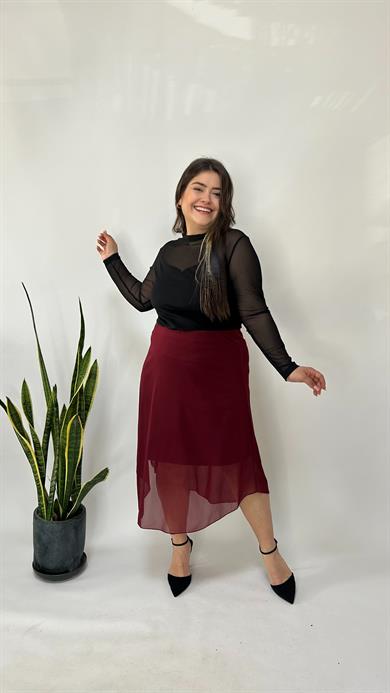 Bordo Astarlı Tül Etek