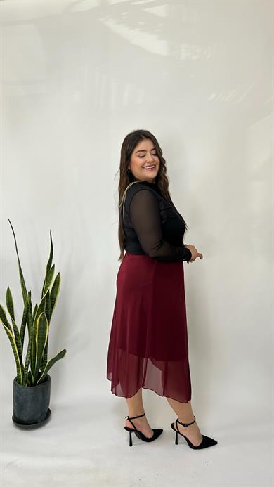 Bordo Astarlı Tül Etek