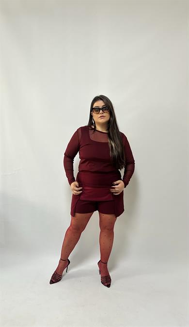 Bordo Çift Yırtmaçlı Likralı Şort Etek