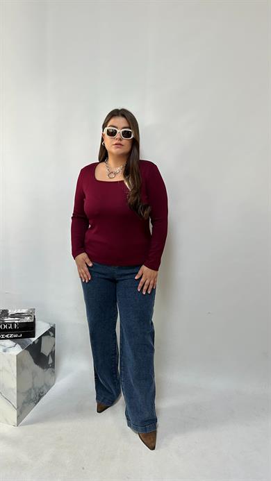 Bordo Kare Yaka Modal Kumaş Bluz 