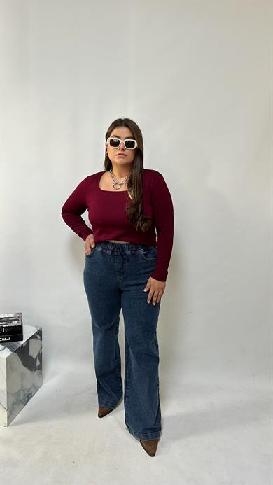 Bordo Kare Yaka Modal Kumaş Bluz 