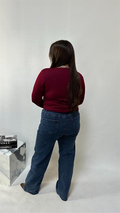 Bordo Kare Yaka Modal Kumaş Bluz 