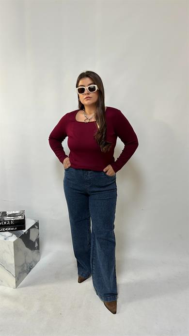 Bordo Kare Yaka Modal Kumaş Bluz 