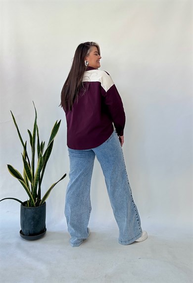 Bordo Triko Poplin Detaylı Bluz