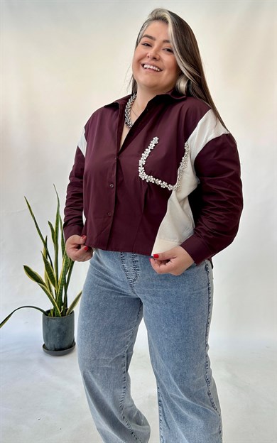 Bordo Triko Poplin Detaylı Bluz