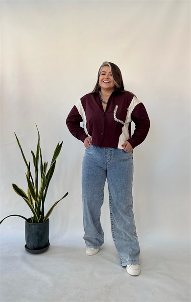 Bordo Triko Poplin Detaylı Bluz