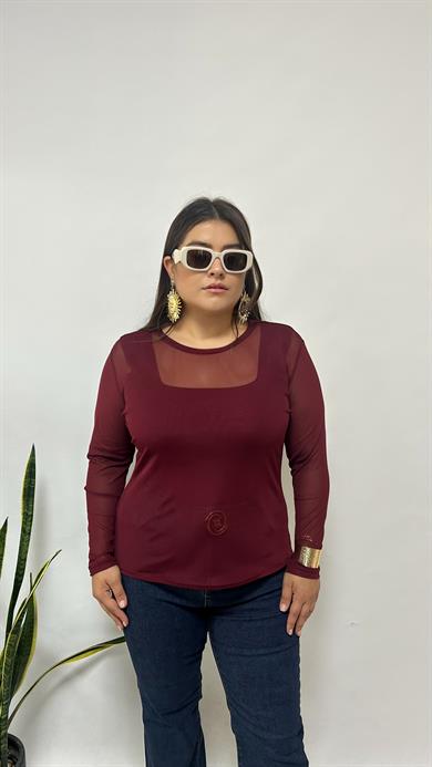 Bordo Tül Bluz