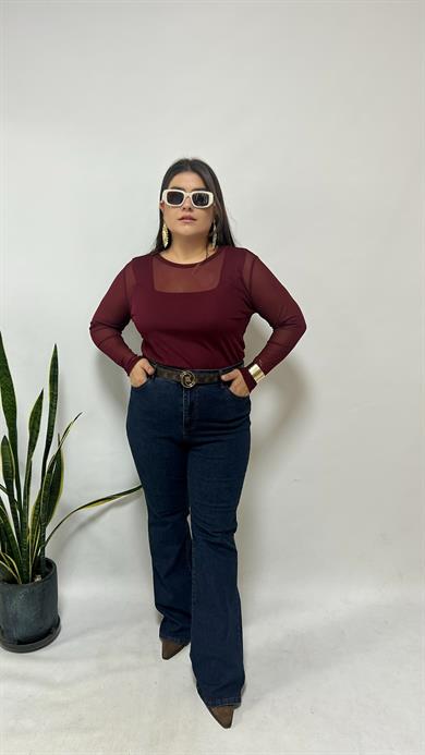 Bordo Tül Bluz