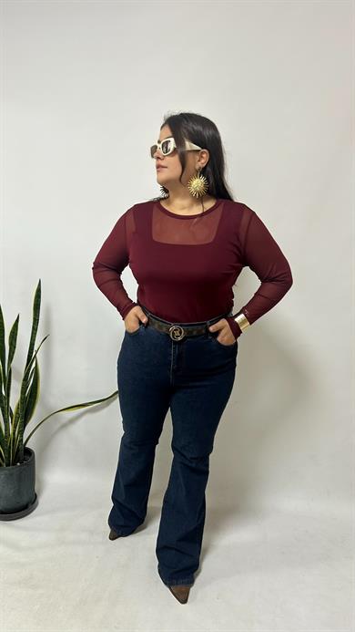 Bordo Tül Bluz