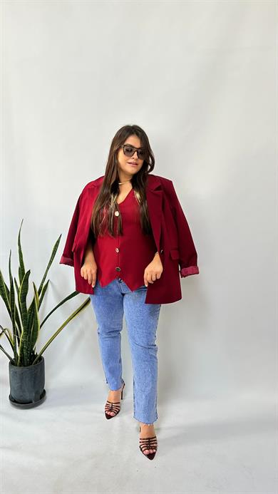 Bordo Yelek Görünümlü Bluz 