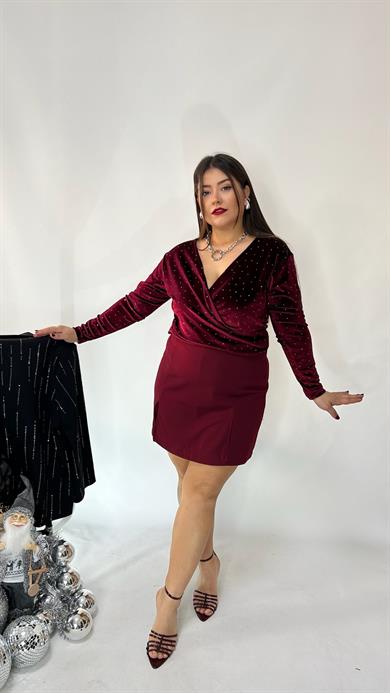 Bordo Yırtmaçlı Likralı Şort Etek