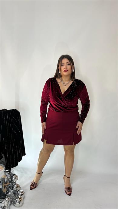 Bordo Yırtmaçlı Likralı Şort Etek