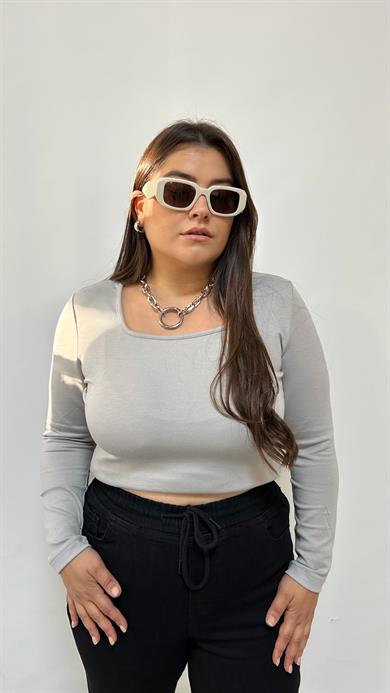 Gri Kare Yaka Modal Kumaş Bluz 