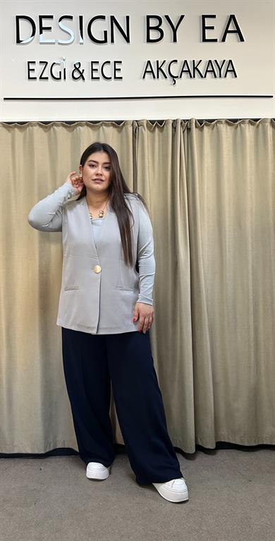 Gri Tek Düğme Detaylı Yelek 