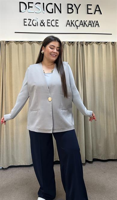 Gri Tek Düğme Detaylı Yelek 