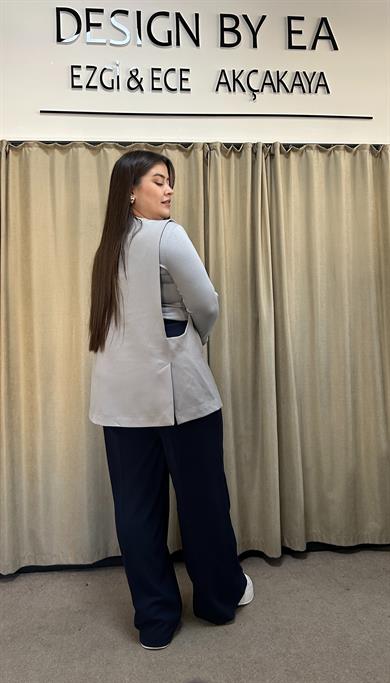 Gri Tek Düğme Detaylı Yelek 