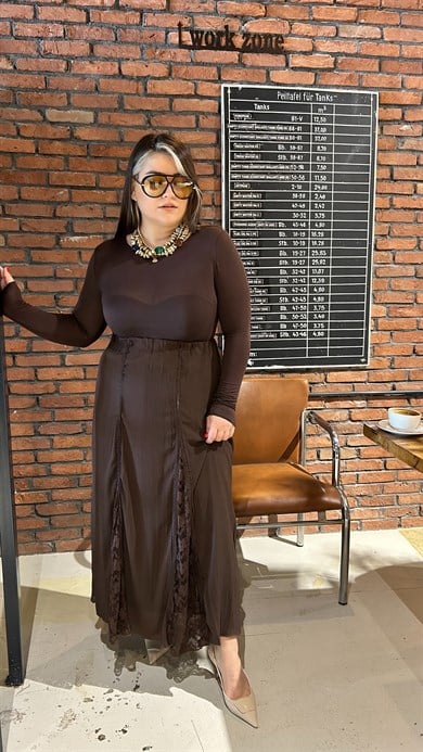 Kahve Dantel Dilimli Etek 