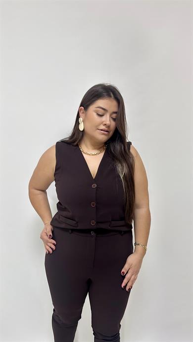 Kahve  Düğmeli V Yaka Yelek 